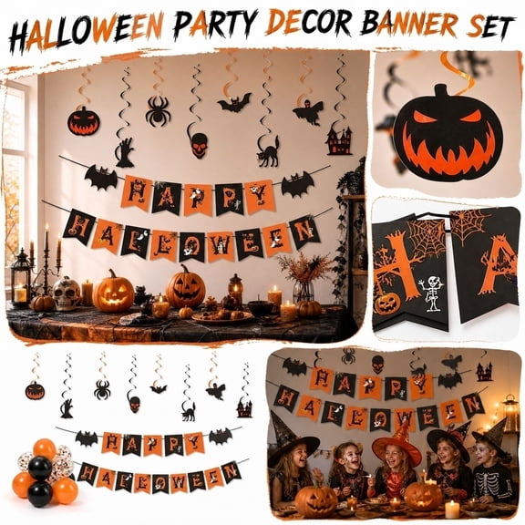 47 Pcs Set, Halloween Party Decorations Happy Halloween Banner Hanging Swirls Halloween Balloons Indoor Outdoor Halloween Decor for Home Haunted House Party Supplies, 1 Pack