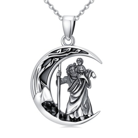 925 Sterling Silver St Christopher Necklace for Women Crescent Moon Saint Christopher Pendant Christian Patron Saint Amulet Jewelry Gift for Her