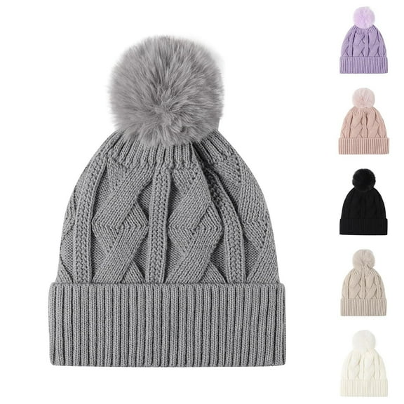 UTSJKR Women's Warm Soft Hat Outdoor Fleece Lined Thicken Twists Knitted Hat Big Fur Ball Beanie Hat Solid Jacquard Twists Beanie Beige
