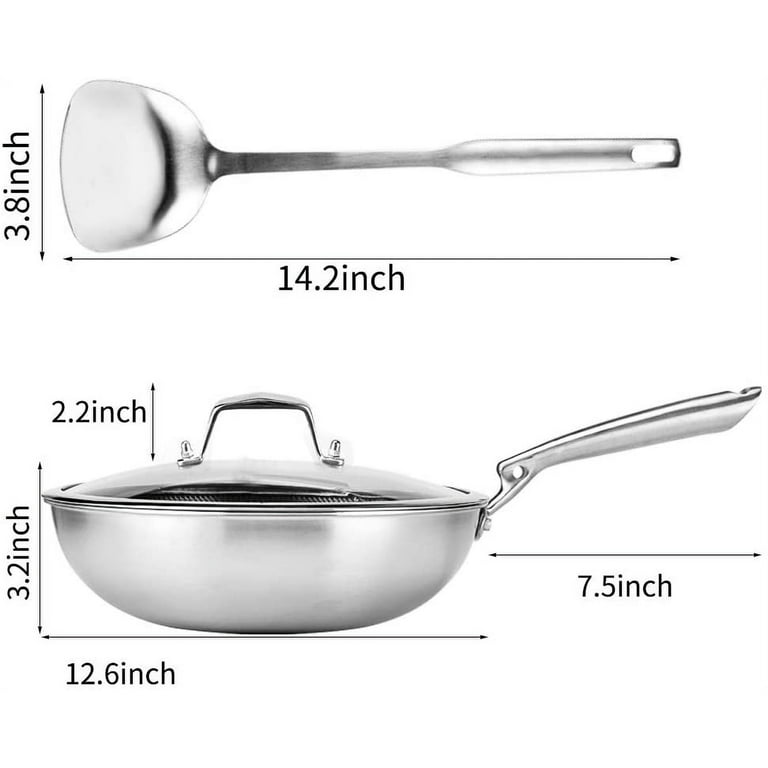 316L Stainless Steel Non Stick Wok Pan with Lid,12.6 Inch Saute