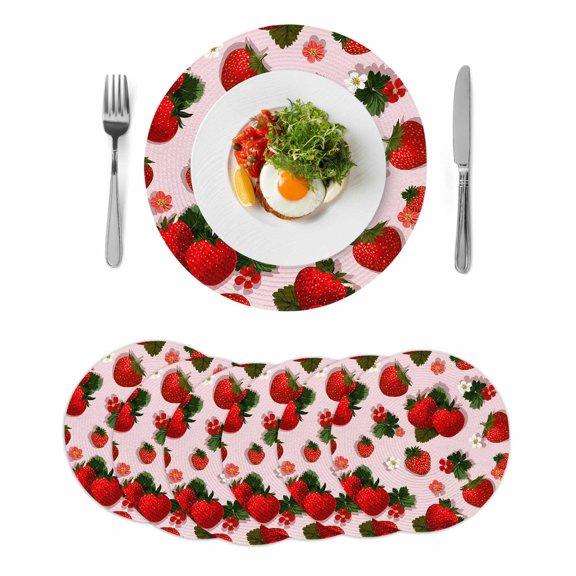 Pink Strawberry Round 15 Inch Placemats Set of 6, Spring Floral Watercolor Summer Botanical HeatResistant Non Slip Place Mats for Dining Table, Wipeable Braided Kitchen Table Mats for Housewarming