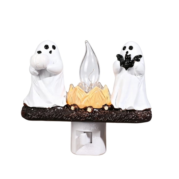 2026 Ghost Campfire Nightlight, Ghost Holding Bat And Pumpkin Plug-In Wall Flickering Flame Nightlight,Ghosts Campfire Flicker Flame Halloween Nightlight, 3D Led Campfire Night Light