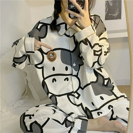 

Cow Print Pajamas Two Piece Set Autumn Pijamas Women Cotton Cute Home Clothes Pyjamas Sleepwear Japanese Style Kawaii
