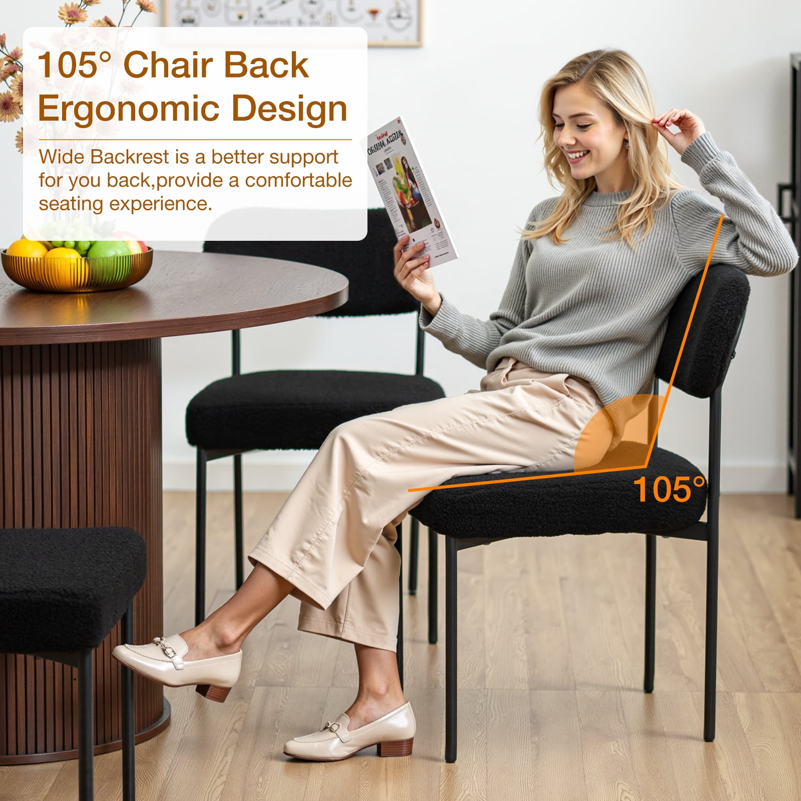 Hommpa Boucle Dining Chairs Set of 6 Modern Upholstered Kitchen Dining Room Chairs with Backrest & Metal Legs Accent Side Chairs Black for Dining Kitchen Living Room Bedroom