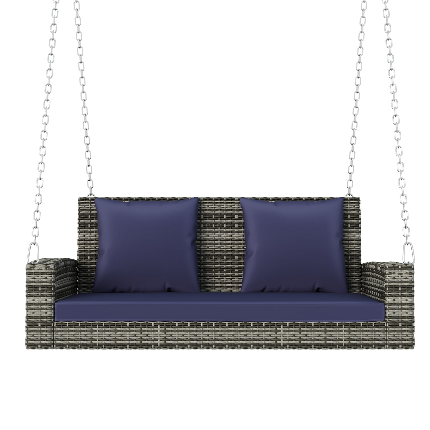 Kadyn 2-Person Wicker Hanging Porch Swing, Rattan Swing Bench with Chains, Cushion and Pillow, Outdoor Swing Chair for Garden, Backyard, Blue-gray Kadyn 2-Person Wicker Hanging Porch Swing, Rattan Swing Bench with Chains, Cushion and Pillow, Outdoor Swing Chair for Garden, Backyard, Blue-gray