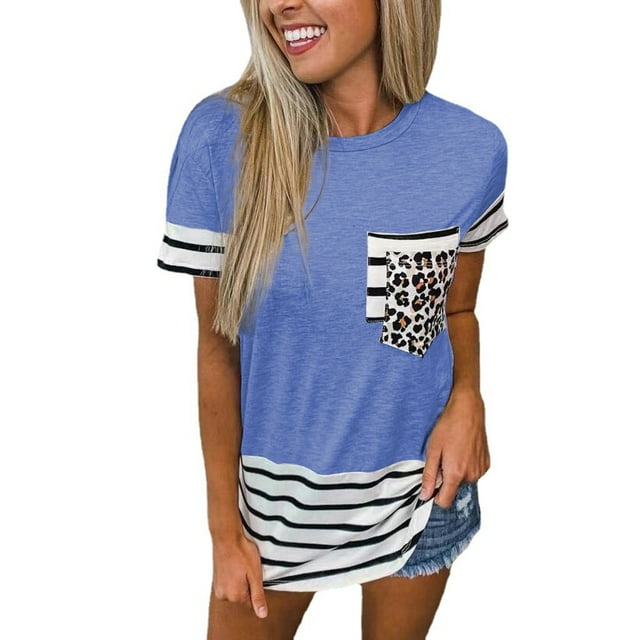 Nouveau T-Shirt Décontracté pour Femmes à Manches Courtes Tops à Rayures Patchwork Col Rond Manches Longues
