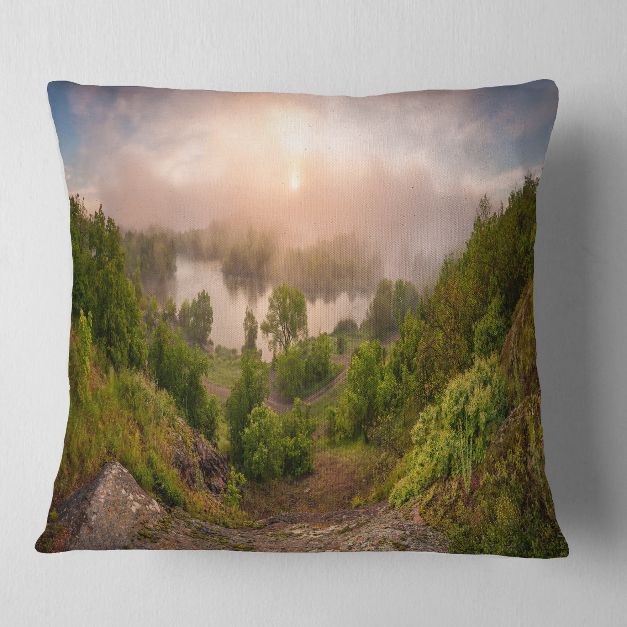 Designart Rising Above the River Mist - Landscape Photo Throw Pillow - 18x18