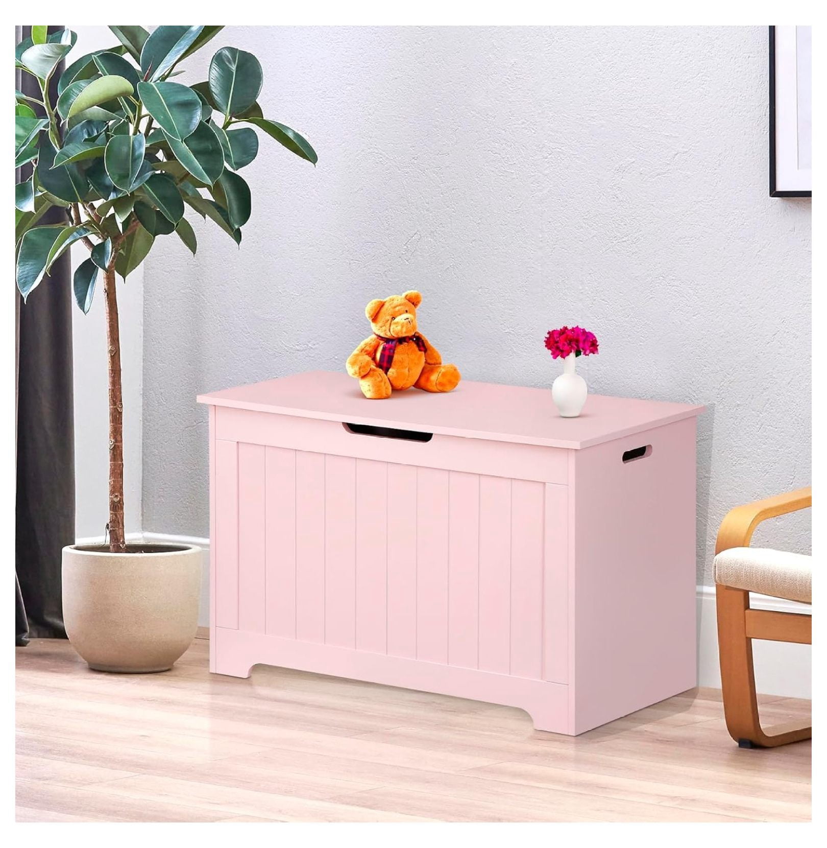 30'' Toy Box Storage Chest Trunk for Boys Girls Kids, Wooden Storage Bench Organizer Box Shoe Blanket Chest, w/2 Safety Hinges, for Living Room, Bedroom, Entryway, Pink