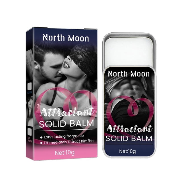 cairoyar perfume bálsamo de feromonas de larga duración para adultos, portátil y de género neutro — lata sólida de 10 g con etiqueta negra y rosa, texto 'North Moon' y gráfico de corazón sobre imagen en blanco y negro; formato compacto para llevar en el bolsillo, aplicado como retoque rápido y aromas diferenciados según especificación.
