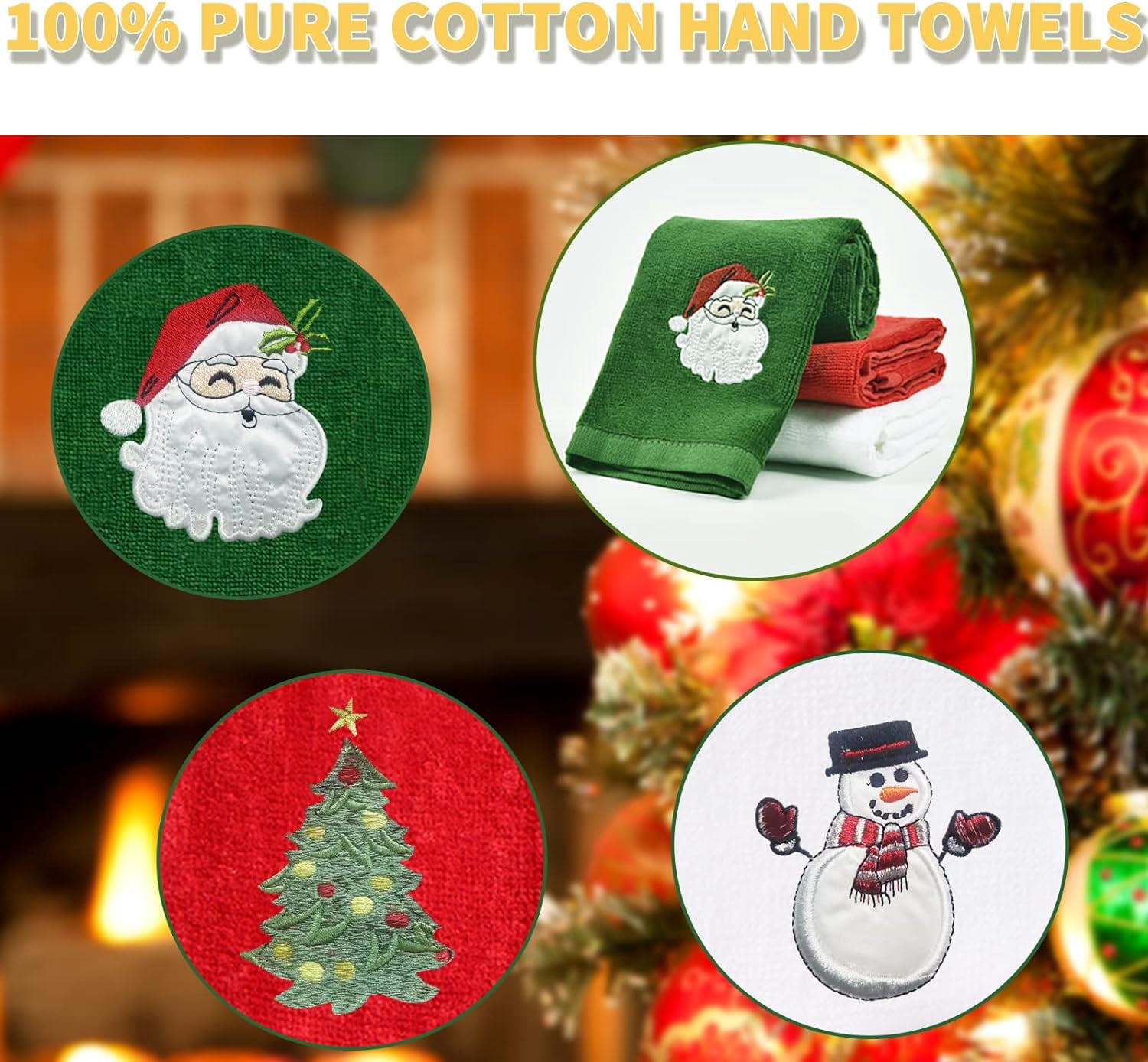 Christmas Hand Towels 16 x 25 Inch, Pure Cotton Soft Towels for Drying &amp; Cleaning, Xmas Claus Snowman Trees for Bathroom Kitchen Wash Basin,Holiday Home Decor Set of 3(Red, White,Green)