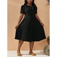 thumbnail image 5 of Plus Size Women's Solid Color Short Puff Sleeve Pleated Hem Dress Coffee Brown Casual Dress, 5 of 12