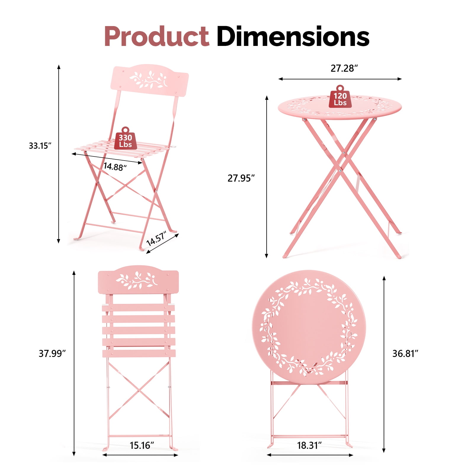 Ktaxon Outdoor 3-Piece Folding Bistro Set with Cushion, Small Metal Patio Seating Furniture Set - Pink