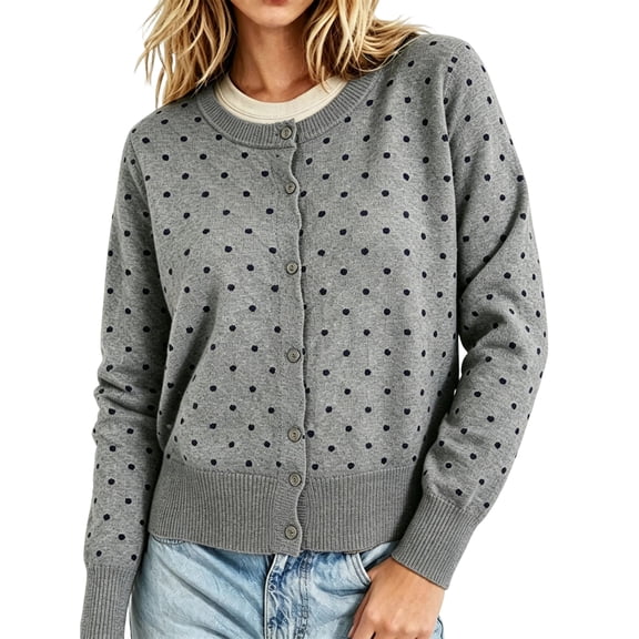 Womens Polka Dot Knit Cardigan Round Neck Single Button Long Sleeve Cropped Sweater Coat Lightweight Knitted Open Front Cardigan Casual Outerwear Gray 2XL
