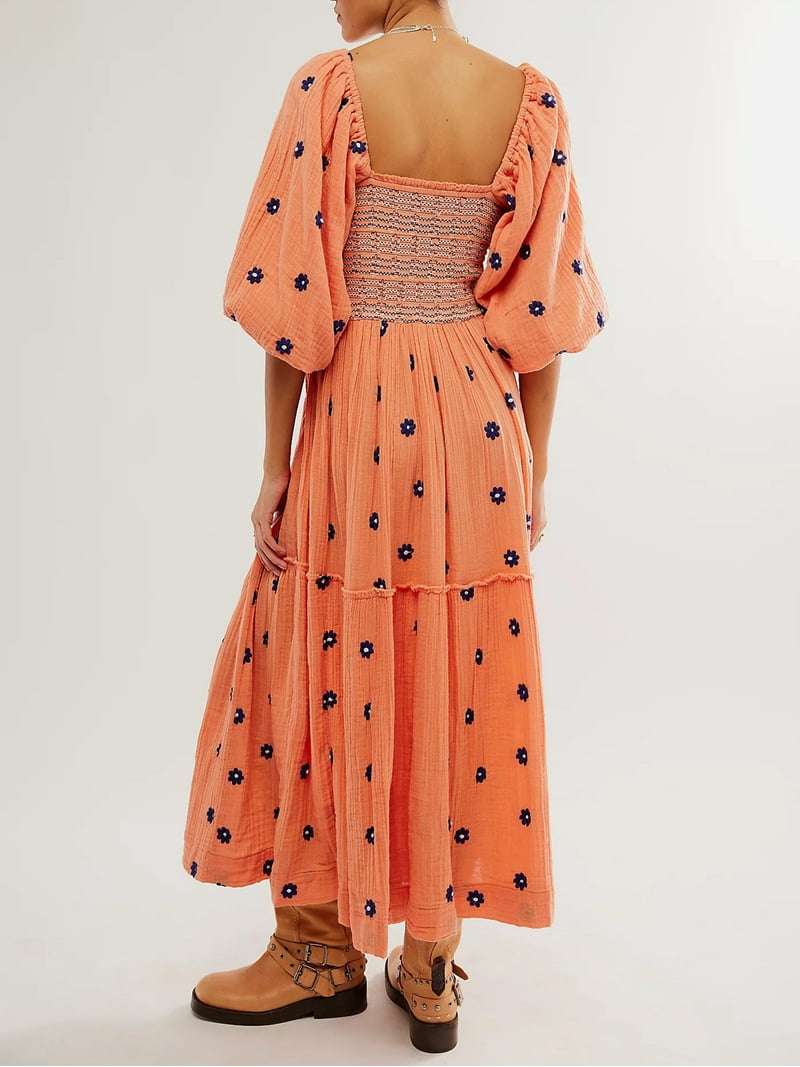 Women Floral Embroidered Maxi Dress Long Puff Sleeve Square Neck Boho Flowy  Dress with Pockets Smocked Swing Long Dresses - Walmart.com