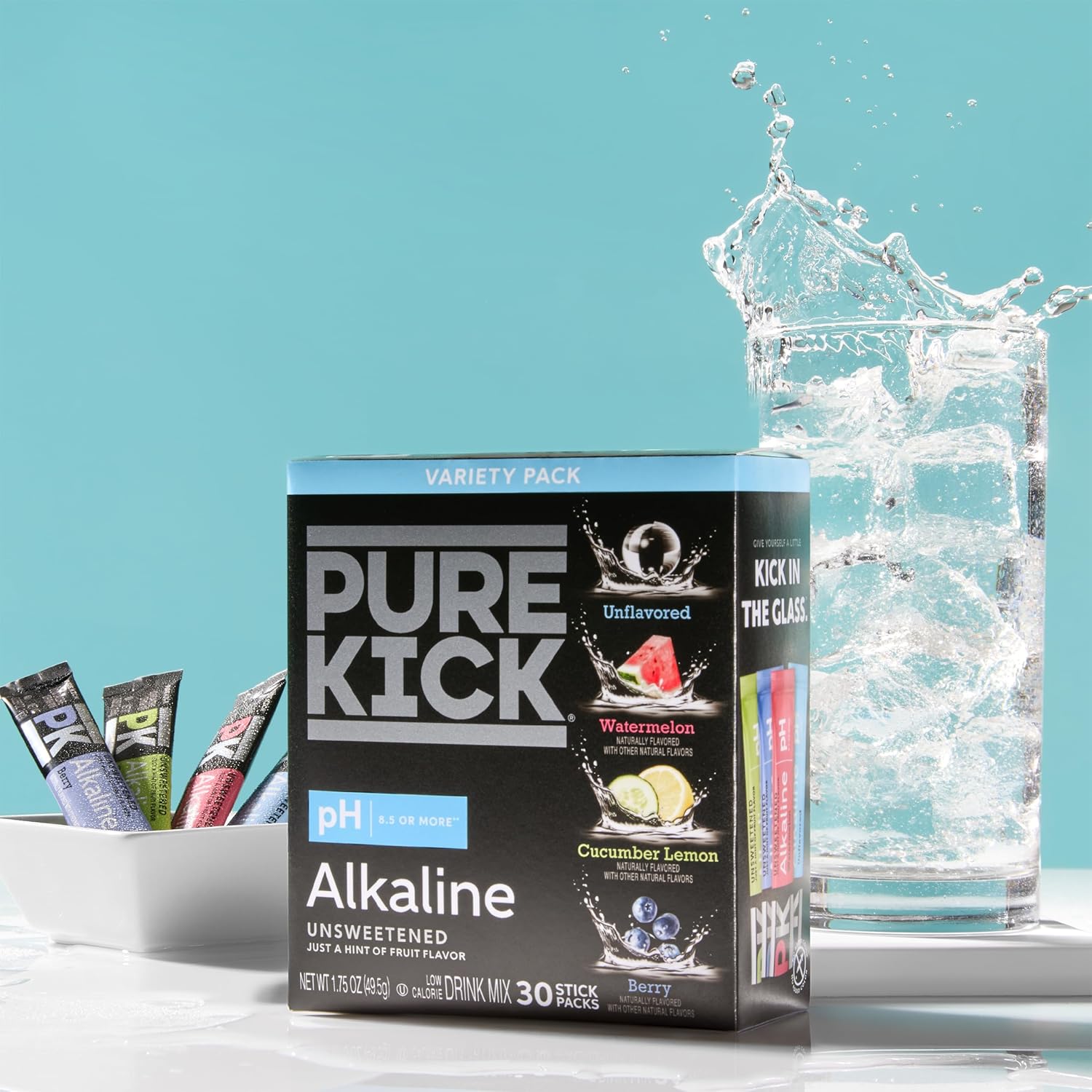 (6 pack) Pure Kick Alkaline Singles to Go Powdered Drink Mix Variety Pack, Watermelon, Berry, Cucumber Lemon, Unflavored, 30 Count Packets