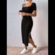 thumbnail image 4 of Vestido de Verano 2025 para Mujer, Ajustado, de Corta, Acanalado, con Abertura Lateral, de Punto y Cuello Cuadrado Negro L, 4 of 8