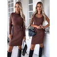 thumbnail image 4 of Ensemble 2 Pcs pour Femme Chandail à Manches Longues Haut Court Tricoté à Col Rond et Robe Midi Ajustée à Col en V Brun Foncé TG, 4 of 8