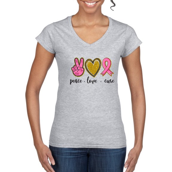Peace Love Breast Cancer Awareness Breast Cancer Awareness Women's Standard V-Neck Tee, Heather Grey, Medium