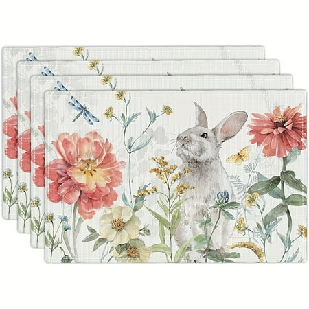 

4pcs Set Easter Bunny & Floral Placemats - Farmhouse Style Linen Table Mats for Dining & Holiday Parties Machine Washable 12x18 Inch Kitchen Dining Decoration Place Mats