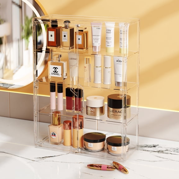 Garmic 4-Tier Bathroom Counter Organizer, Adjustable Cosmetic Display Case Makeup Organizer with Door for Vanity Bedroom Bathroom Kitchen