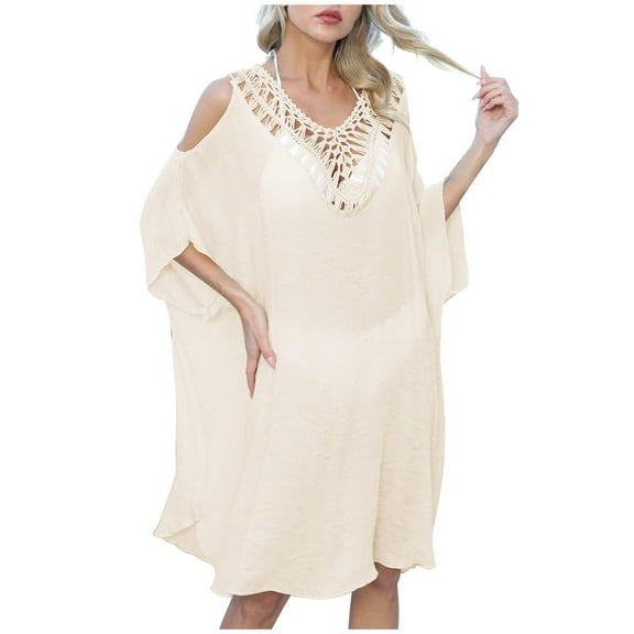 Odeerbi Swimsuit Coverup for Women Crochet Beach Cover Up Dress Hollow Out Bikini Cover Ups Bathing Suit Cover Up Sun Protection Tassels Loose Coverup Skirt Beige
