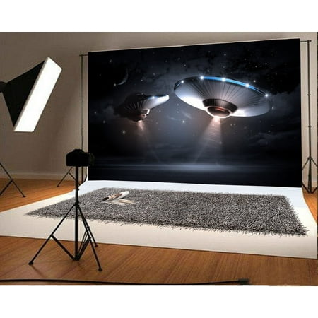 HelloDecor Polyester Fabric UFO Backdrop 7x5ft Photography Backdrop Glitter Outer Space Science Fiction Stars Photos Shooting Video Studio Props