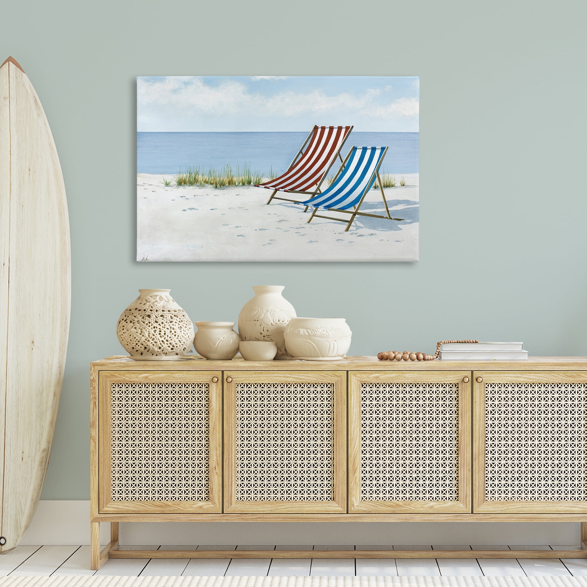 Stupell Industries Serene Beach Chairs Landscape Painting Gallery Wrapped Canvas Art Print Wall Art, 45 x 30