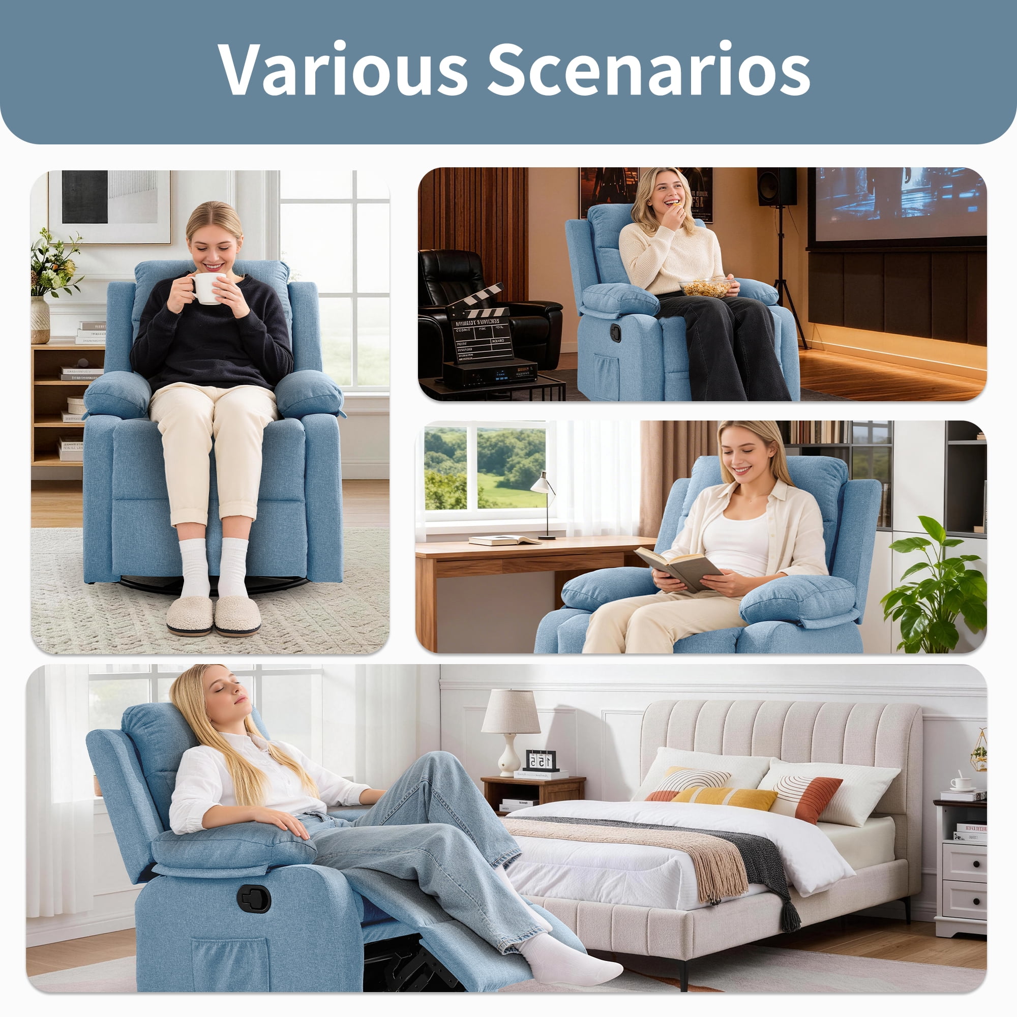 GEEYOO Manual Swivel Rocker Recliner Chair with Side Pockets,Small Recliner Chair for Small Spaces,Upholstered Linen Fabric Glider Nursery Chair for Living Room,Blue