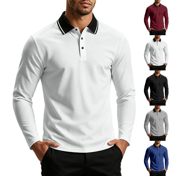 Josdec Men's Color Block Long Sleeve Top, Turndown Collar Contrast Piping Casual Base Shirt for Daily Layering S‑XXL
