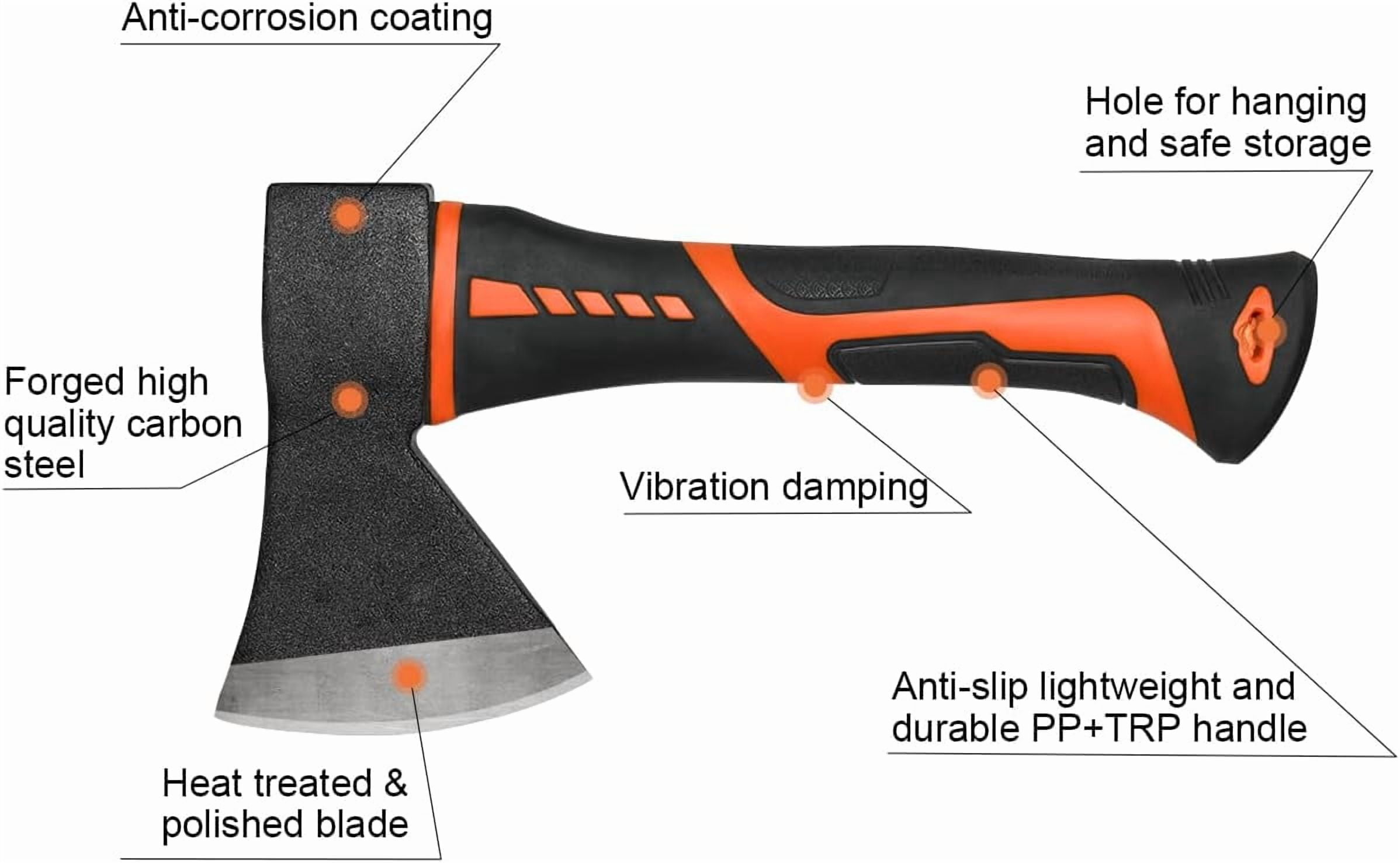 Chopping Axe,10”Camping Outdoor Hatchet for Wood Splitting and Kindling, Forged Carbon Steel Heat Treated Hand Maul Tool, PP+TPR Handle Shock Reduction Handle with Anti-Slip Grip
