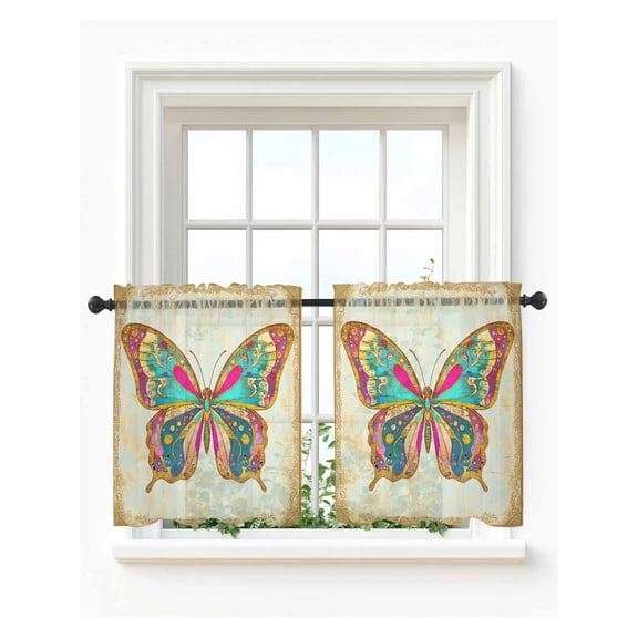 Vintage Butterfly Tier Curtains 36 Inch Length, Sheer Curtains for Bedroom Living Room Window Retro Colorful Butterfly Rod Pocket Voile Drapes Kitchen Curtains Small Half Window 27.5"x36" 2 Panels