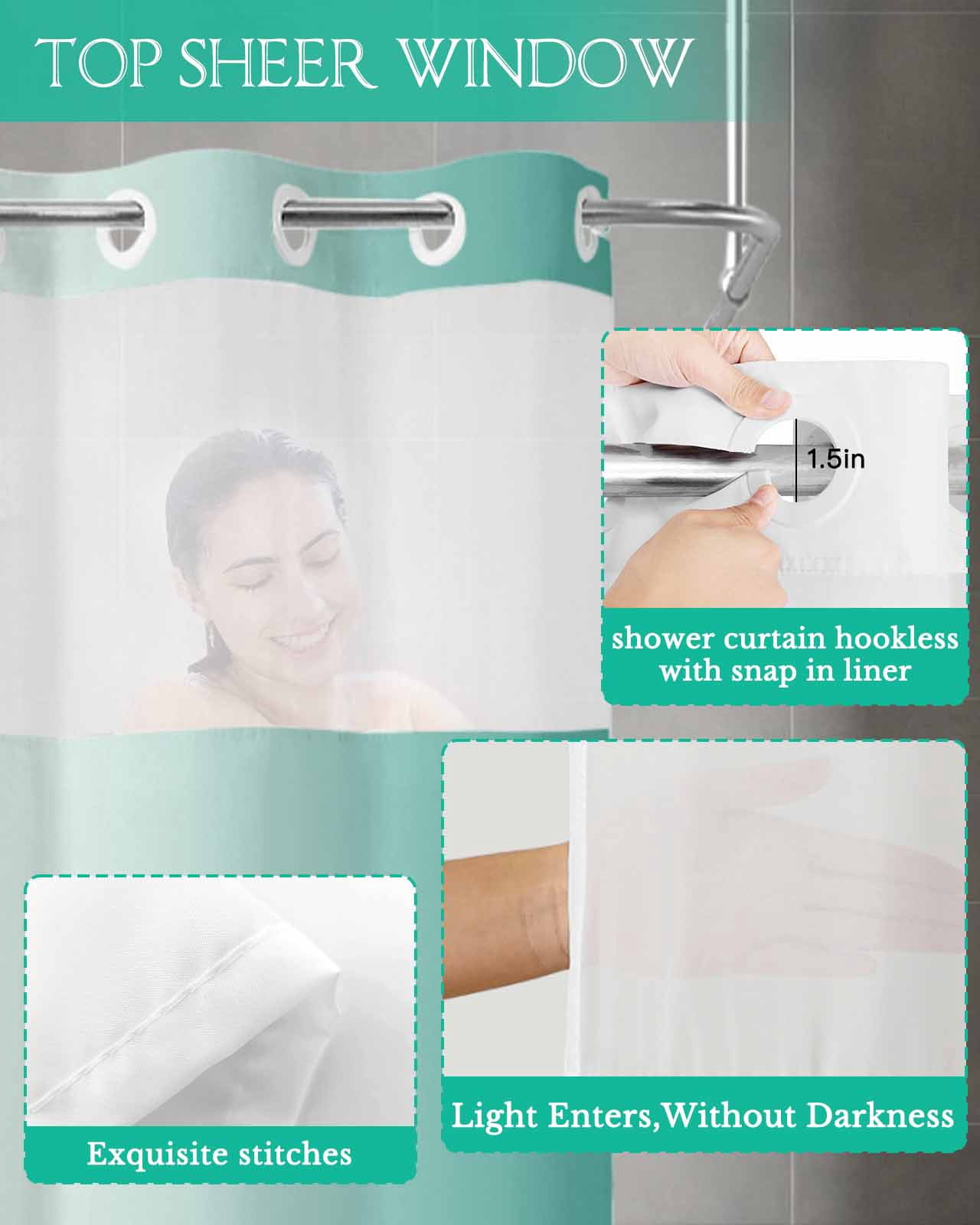 No Hook Shower Curtain with Snap in Liner, Ombre Abstract Gradient Teal Turquoise Hotel Shower Curtains for Bathroom, Washable Shower Curtain Liner Set with Mesh Top Window, 54"x78"