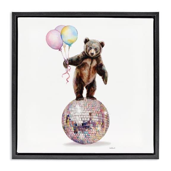 Stupell Industries Bear & Balloons Disco Animals Painting Black Floater Framed Canvas Art Print Wall Art, 18 x 18