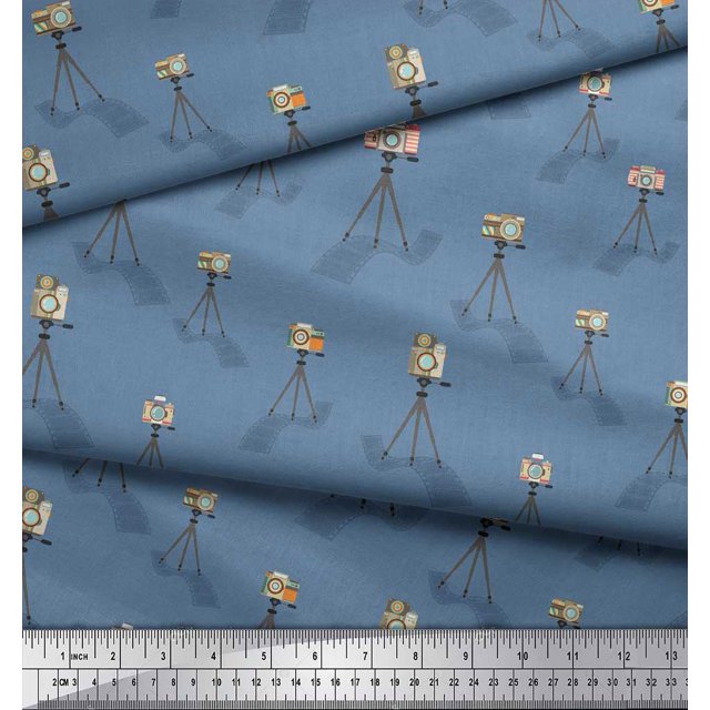 Soimoi Blue Poly Georgette Fabric Stand & Camera Fashion Decor Fabric Printed Yard 42 Inch Wide