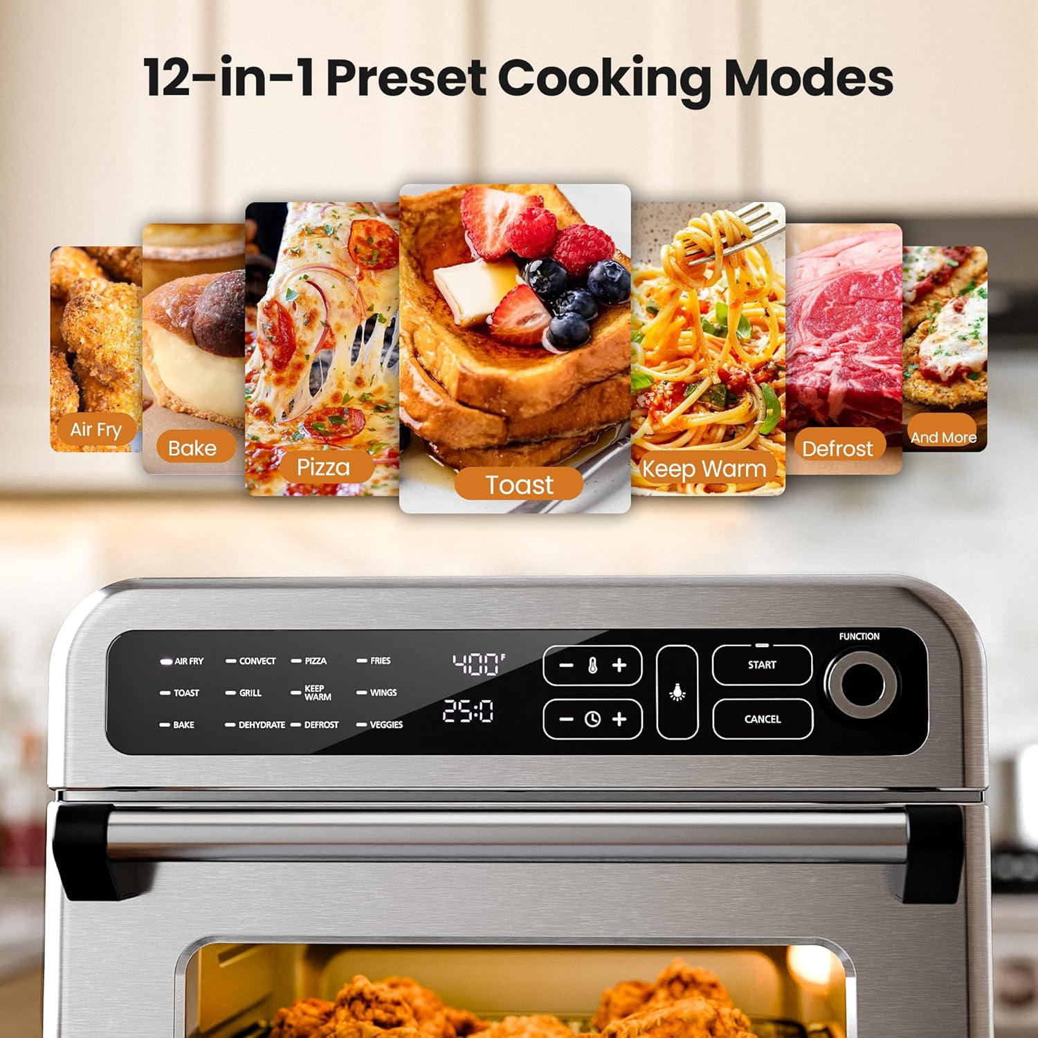 Auseo 25QT Air Fryer Toaster Oven with Convection, 12-in-1 Preset Cooking Mode, Visible Window and Touchscreen, 1700W, White, for home/office/kitchen