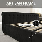 VanAcc Queen Size Platform Bed Frame, Velvet Upholstered Sleigh Bed Frame with Scroll Wingback Headboard & Footboard/Button Tufted/Easy Assembly/Black