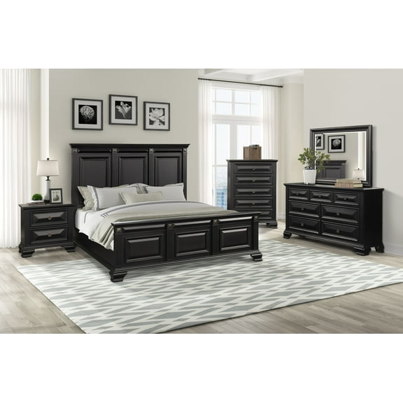 Roundhill Furniture Vintage Black Wood Bedroom Set, King Bed, Dresser, Mirror, Nightstand, Chest