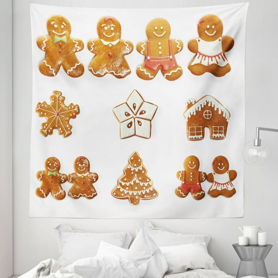 Gingerbread Man Tapestry, Vivid Christmas Gingerbread Biscuits Set Snowflake House Tree, Fabric Wall Hanging Decor for Bedroom Living Room Dorm, 5 Sizes, Pale Brown White, by Ambesonne