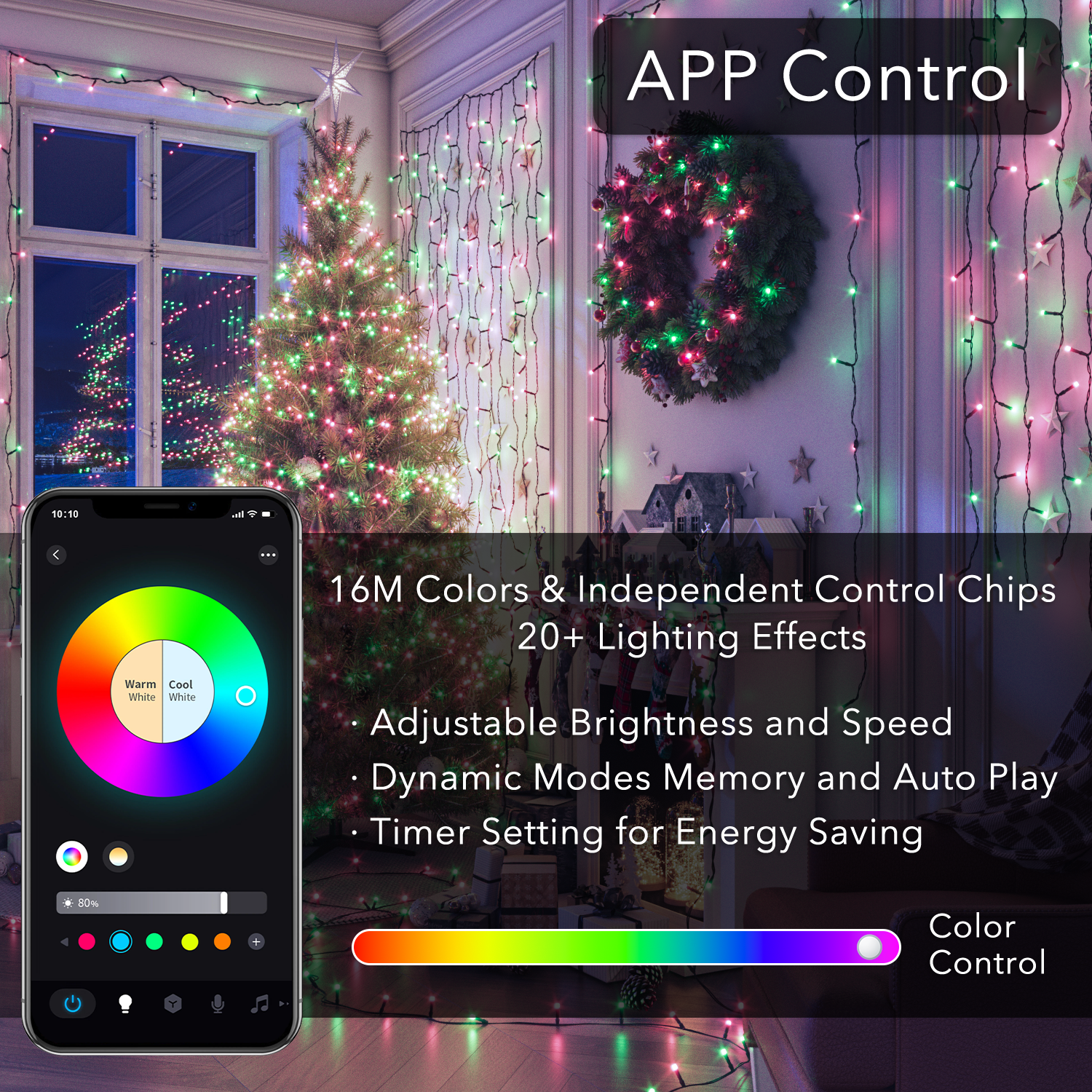 Beatineon 65.6ft 4th of July Decor Patriotic Lights, RGB Smart String Lights,200 LEDs APP & Remote Control with Music Sync, IP44 Waterproof Dark Green Wire for Indoor Outdoor Party Decor