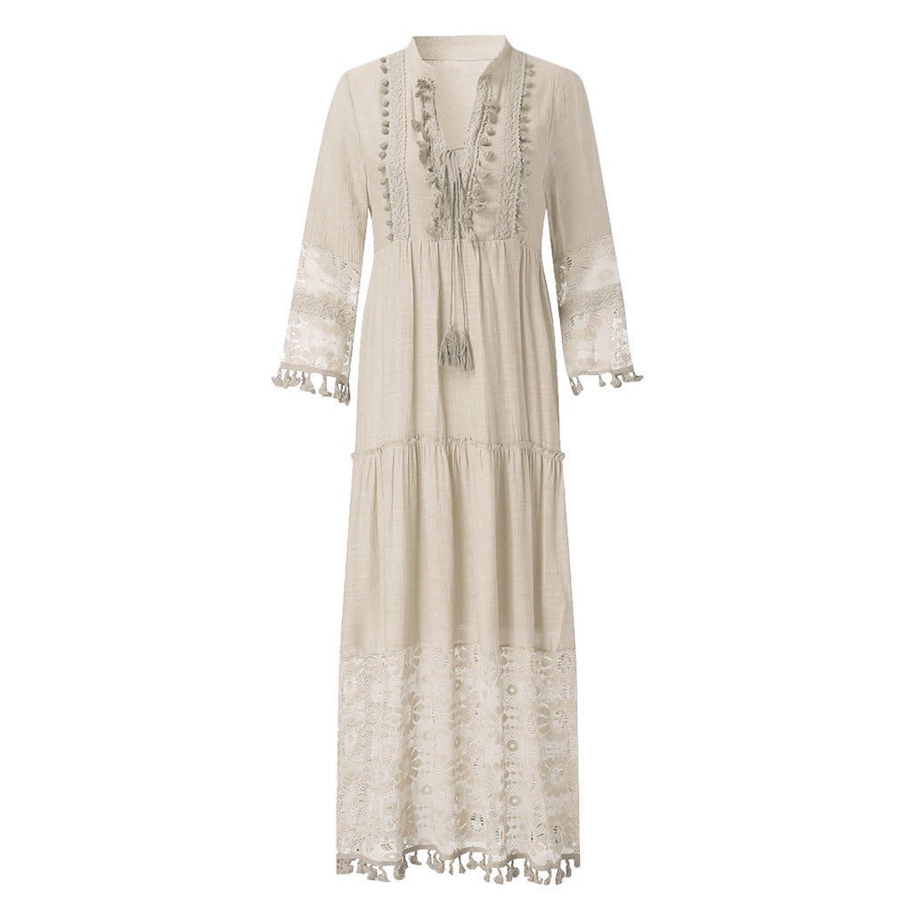 fartey Maxi Dress for Women Bohemian Print V Neck Long Sleeve Plus Size Dress Lace Solid Color Tiered Loose Swing Dress