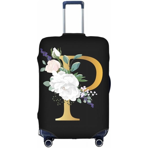 Flower Letter P Black Luggage Cover Elastic Washable Stretch Suitcase Protector Anti-Scratch Travel Suitcase Cover for Kid and Adult M (22-24 inch suitcase)