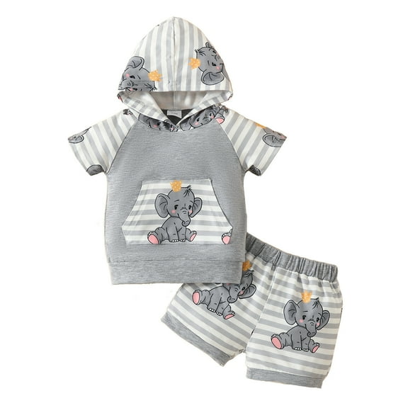 Fesfesfes Kids Matching Outfits Summer Toddler Shorts Set Striped Short Sleeve Printed Hoodie Pocket Top Striped Shorts Set 2 Piece 3 Months-2 Years 12-18 Months