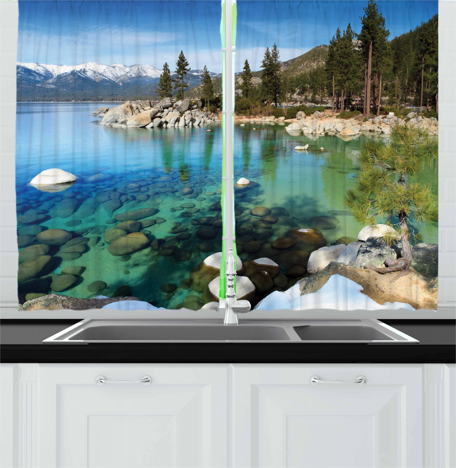 Lake Tahoe Curtains 2 Panels Set, Scenic American Places Mountains with Snow Rocks in the Lake California Summer, Window Drapes for Living Room Bedroom, 55W X 39L Inches, Multicolor, by Ambesonne