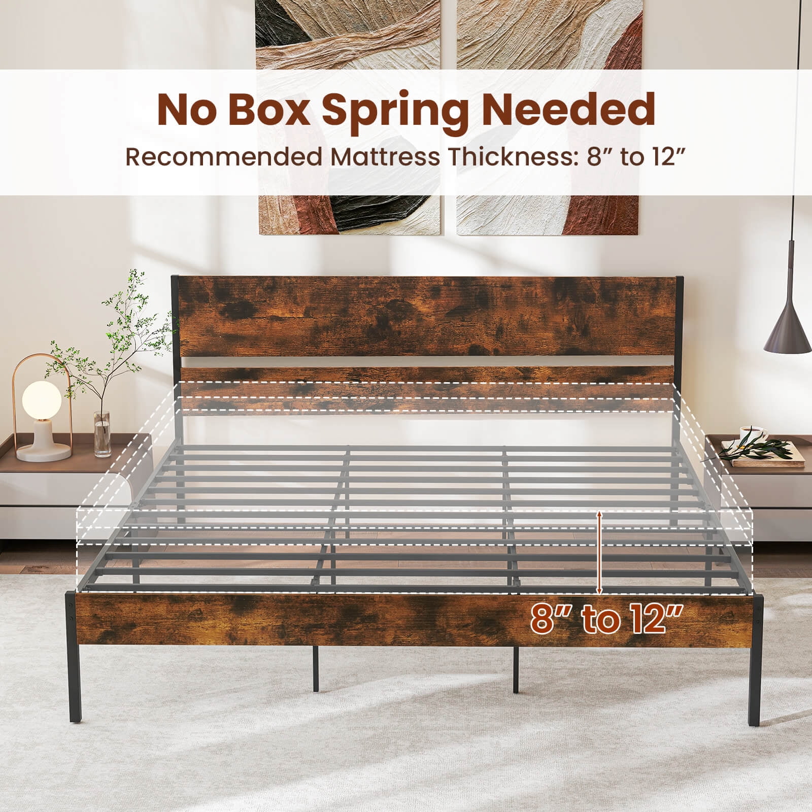 Infans King Size Bed Frame w/ Wooden Headboard Under-Bed Storage No Box Spring Needed