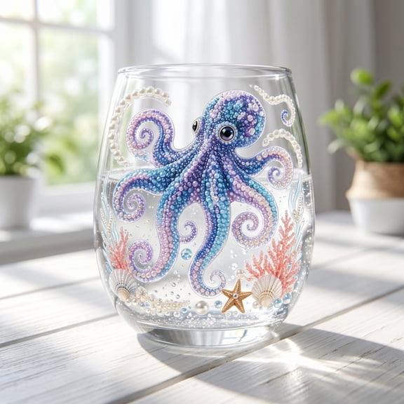 Hyknon Coastal Wine Glass, Sea Life Themed Glass Cup, Stemless Drinking Glass for Wine Cocktail Beach House Kitchen Decor, Gift for Women Men