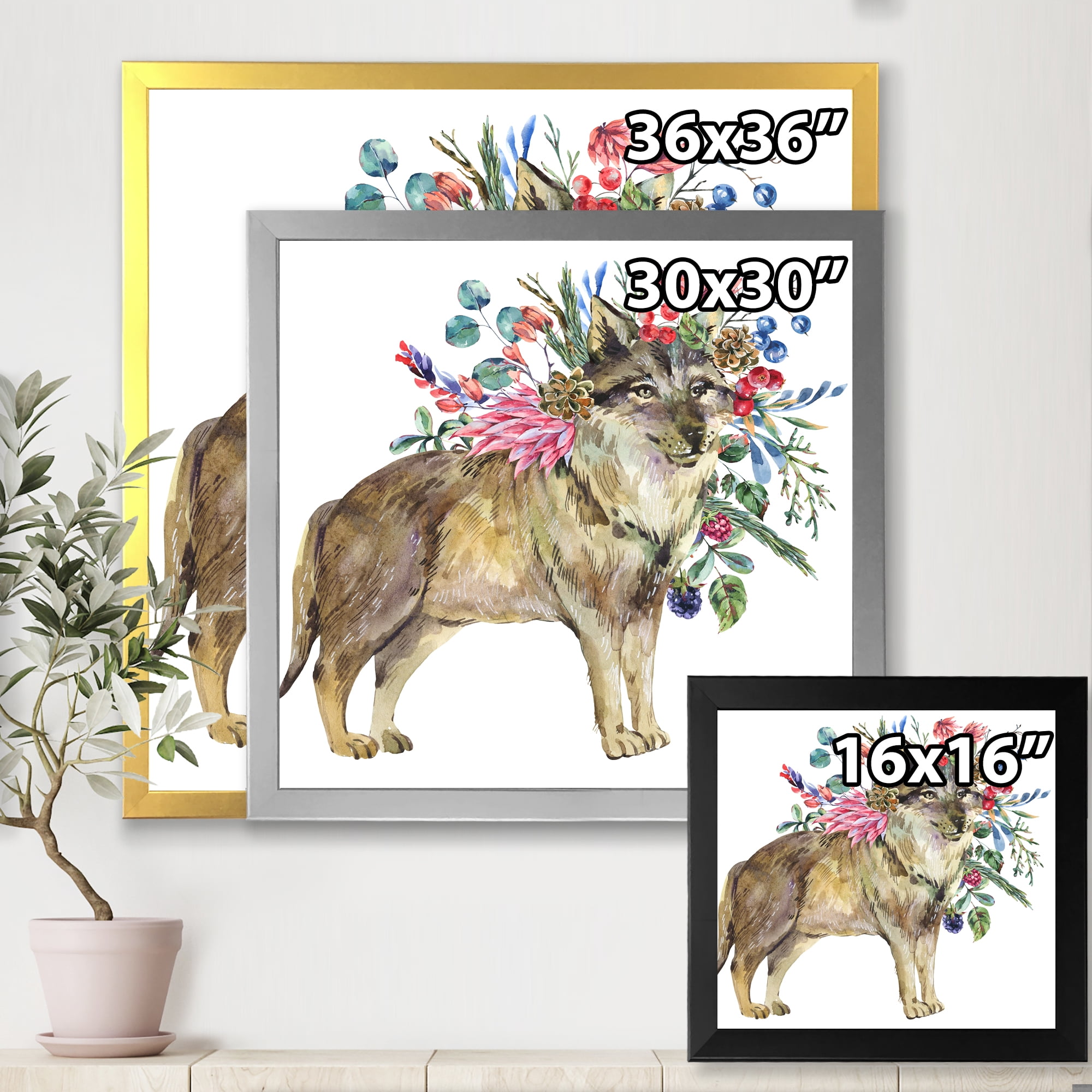 Designart 'Wolf With Woodland Flowers On White' Farmhouse Framed Art Print