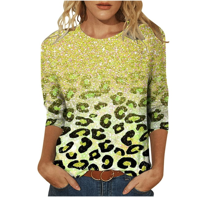 Pompotops T-shirt Ample à Imprimé Léopard pour Femme, Manches 3/4, Col Rond, Haut Décontracté, Liquidation