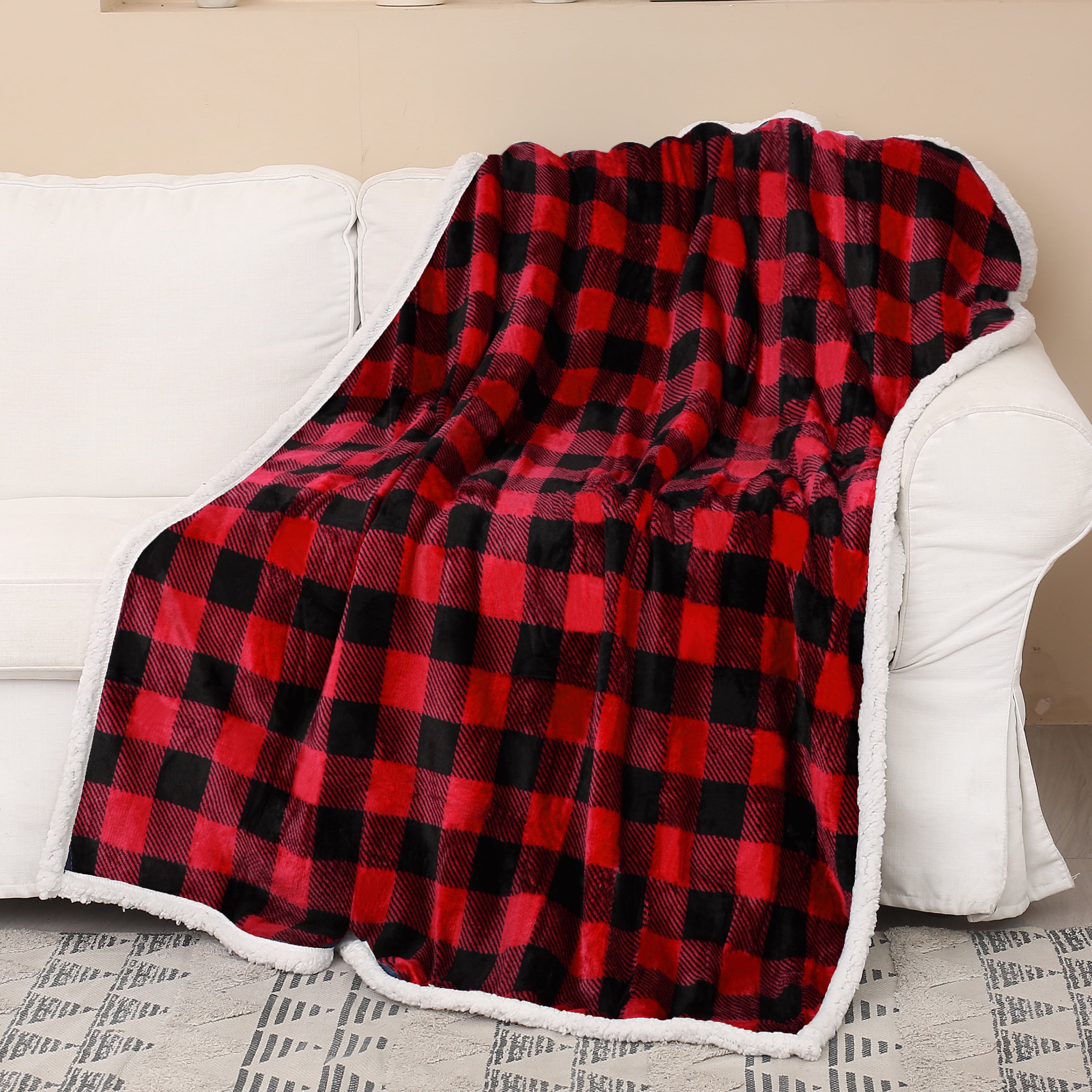 Catalonia Buffalo Plaid Sherpa Throw Blanket, Super Soft Reversible Fleece Blanket for Cabin Bed or Couch, Red Plaid, 50"" x 60"".