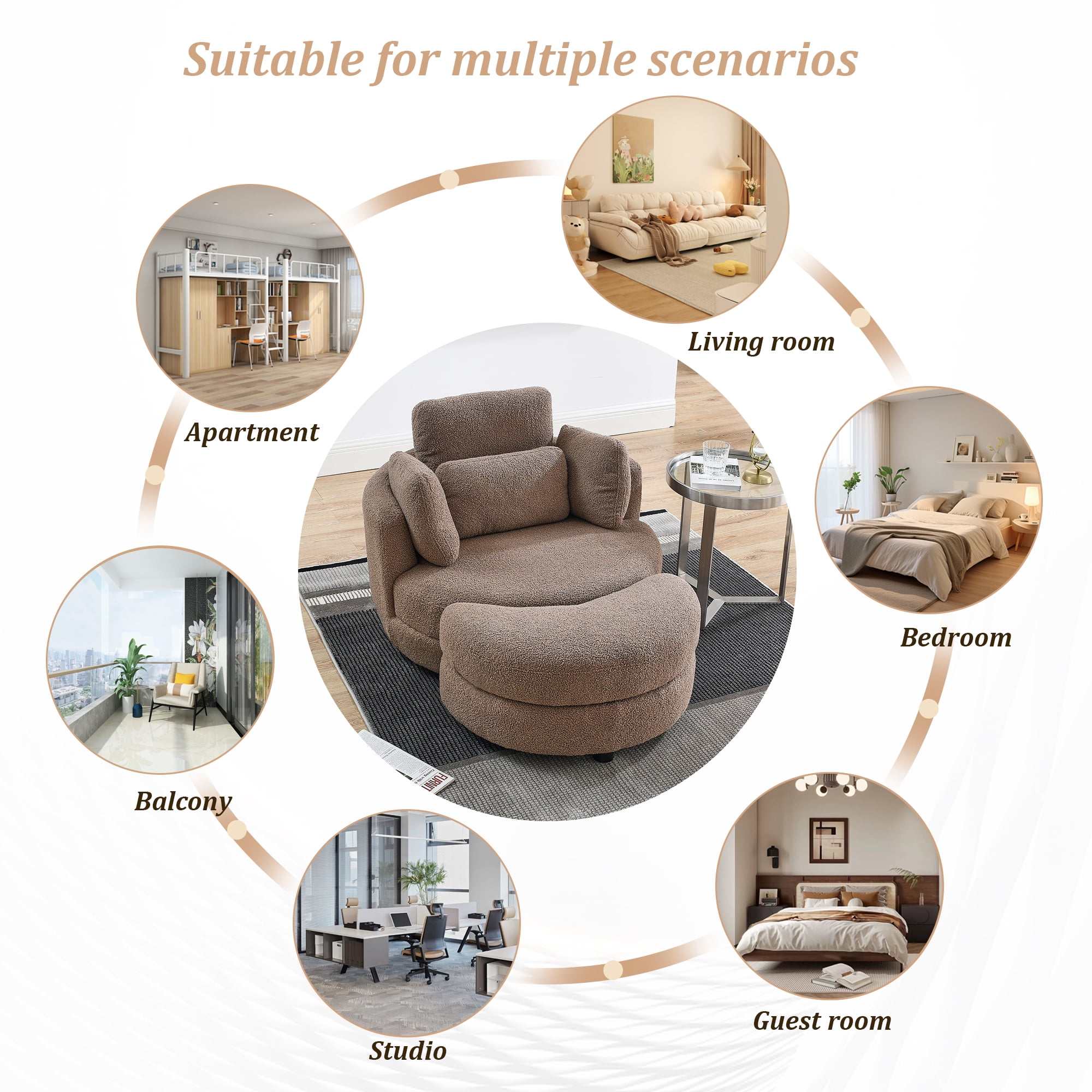 Dinosisco 39"W Oversized Swivel Accent Barrel Chair with Storage Ottoman, Brown Teddy