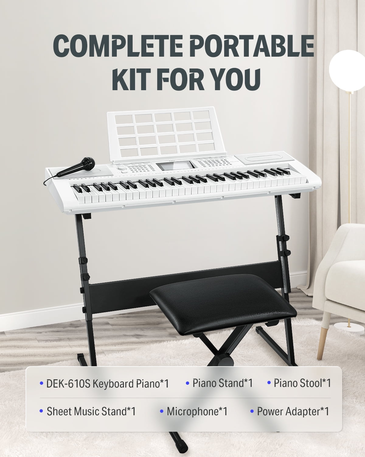 Donner Keyboard Piano 61 Key, Electric Keyboard Kit with 249 Voices - Includes Piano Stand, Stool, Microphone, Gift for Beginners, White (DEK-610S)